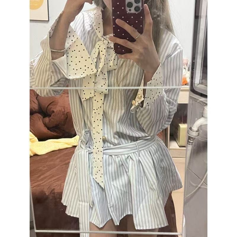 学院风蝴蝶结领带条纹衬衫连衣裙子女秋季小个子韩系穿搭高级感|undefined