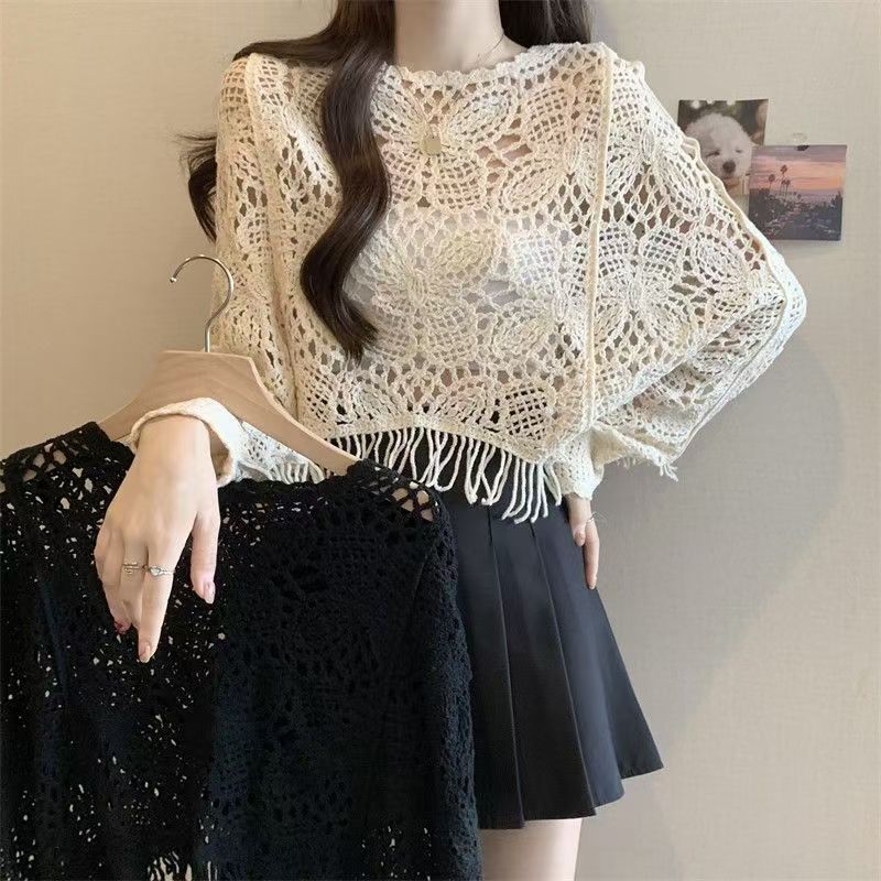 2024秋季罩衫新款针织衫时尚百搭镂空流苏蝙蝠短款上衣毛衣少女感