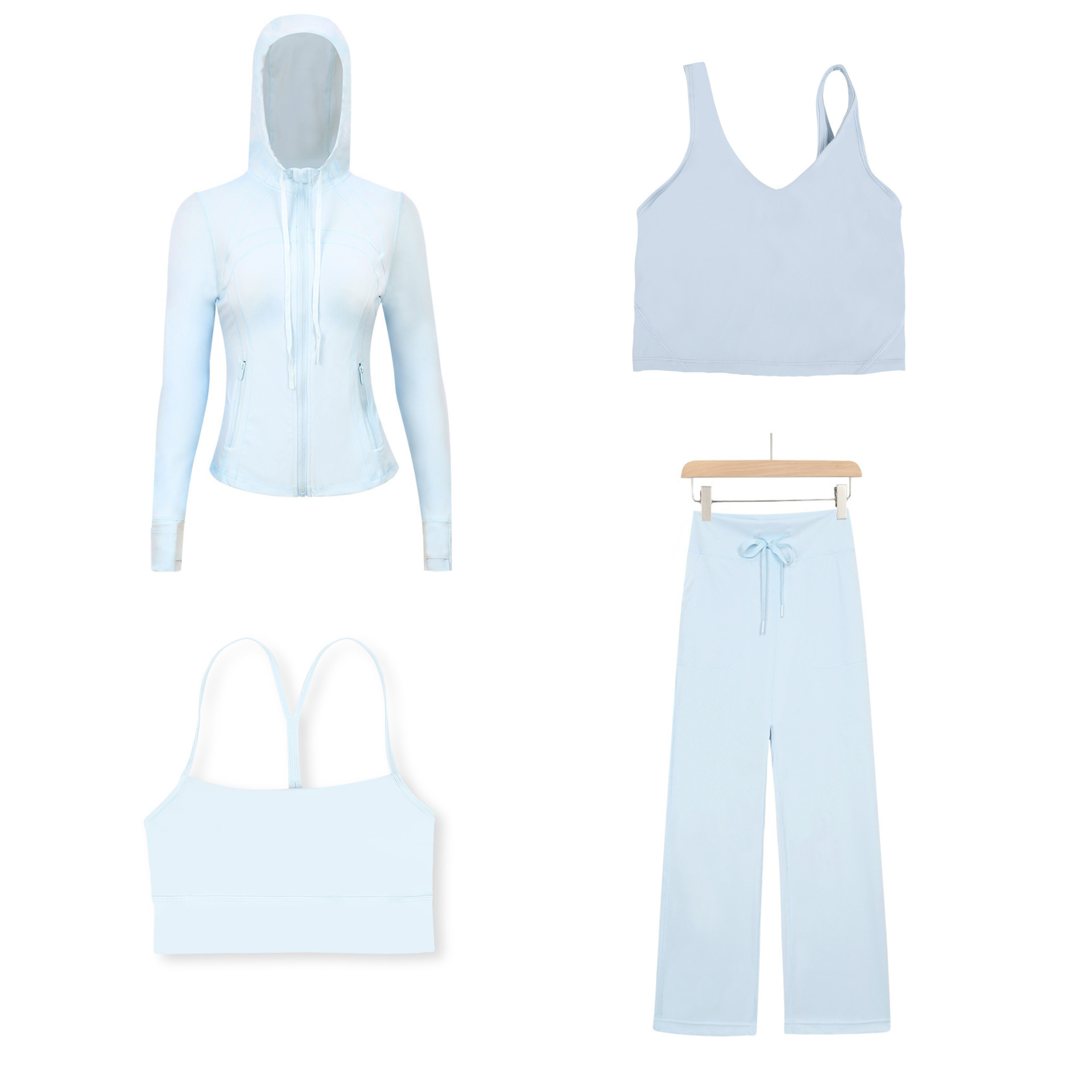 Dameskleding: Slim fit jasje met capuchon, Y-vormig vest, U-vormig vest en rechte broek, vierdelige set, elastische sportkleding_voghion.com