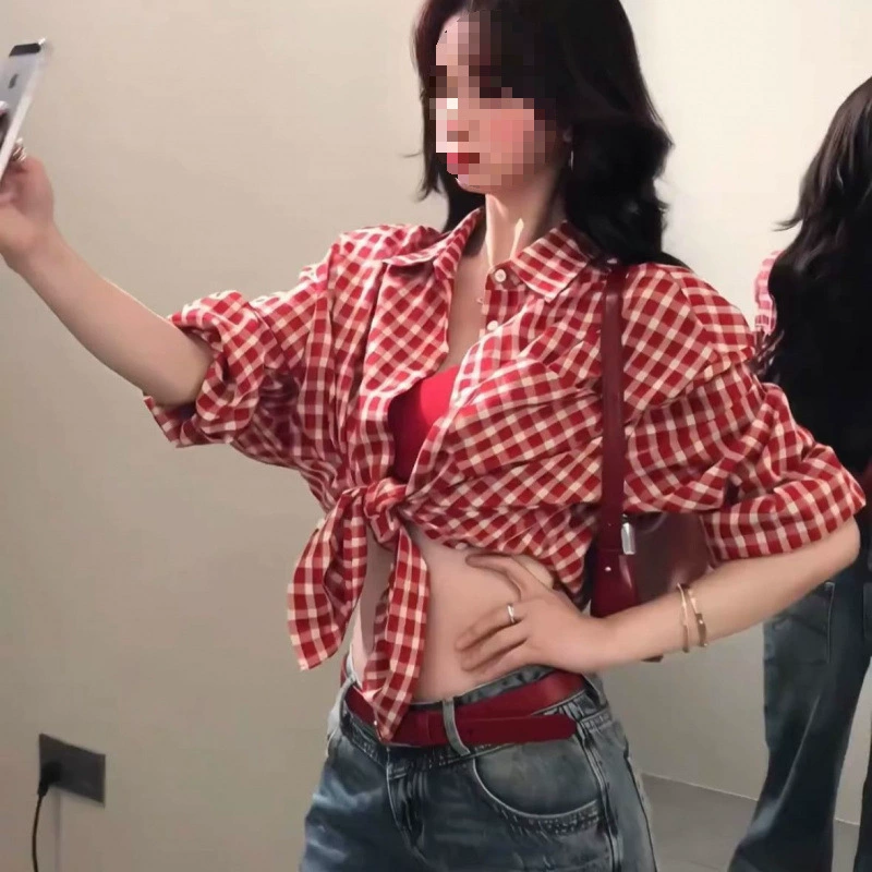 Японская ретро красная клетчатая куртка-рубашка для женщин, летняя непринужденная повседневная куртка-рубашка с защитой от солнца