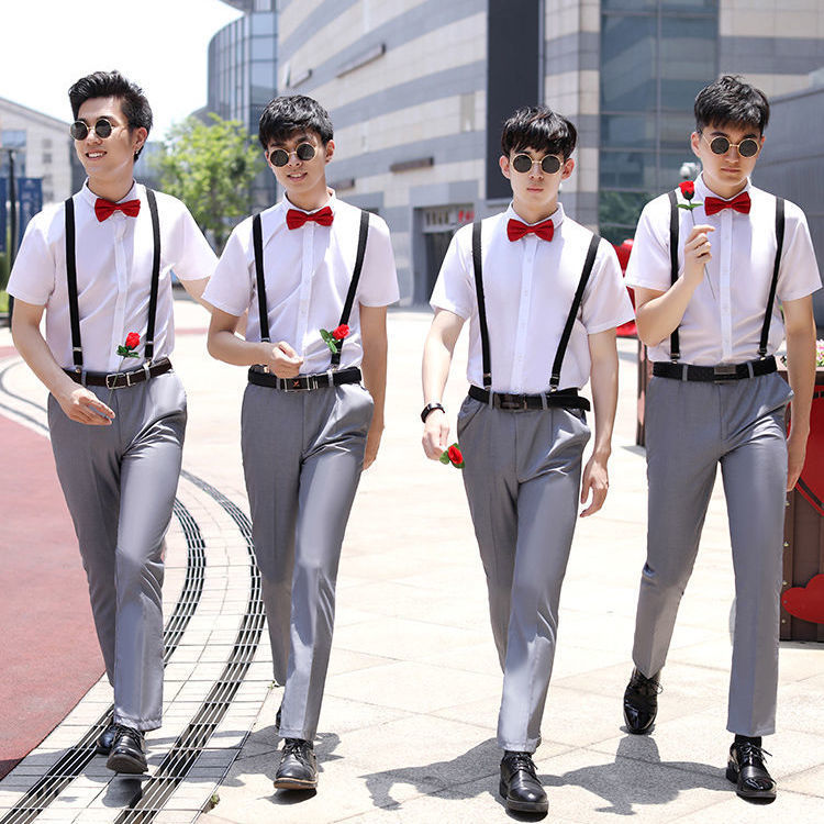 Verano mejor hombre traje hermanos traje Grupo más tamaño novio boda ropa manga corta Camisa blanca Correa estilo occidental traje