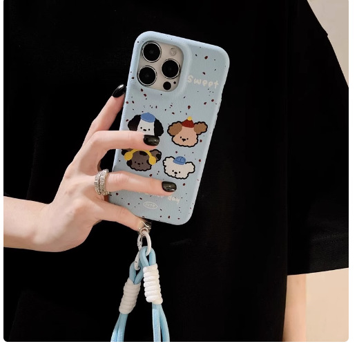 Cachorro de dibujos animados de cuero azul con salpicaduras de tinta para iPhone16promax funda para teléfono móvil 14 Apple 15P femenino 13/12