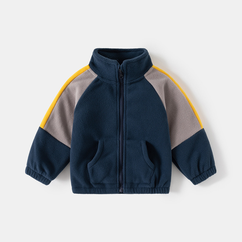 2024 Spring and Autumn New Children's Stand Collar Polar Fleece Jacket for Boys and Girls Baby Colorblock Jacket Cardigan Children's Wear Wholesale