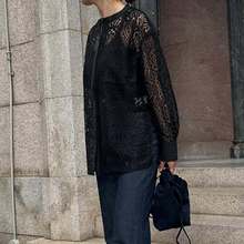 现货 跨境出口日本乐天ins亚马逊外贸日韩宽松春秋镂空蕾丝衬衫