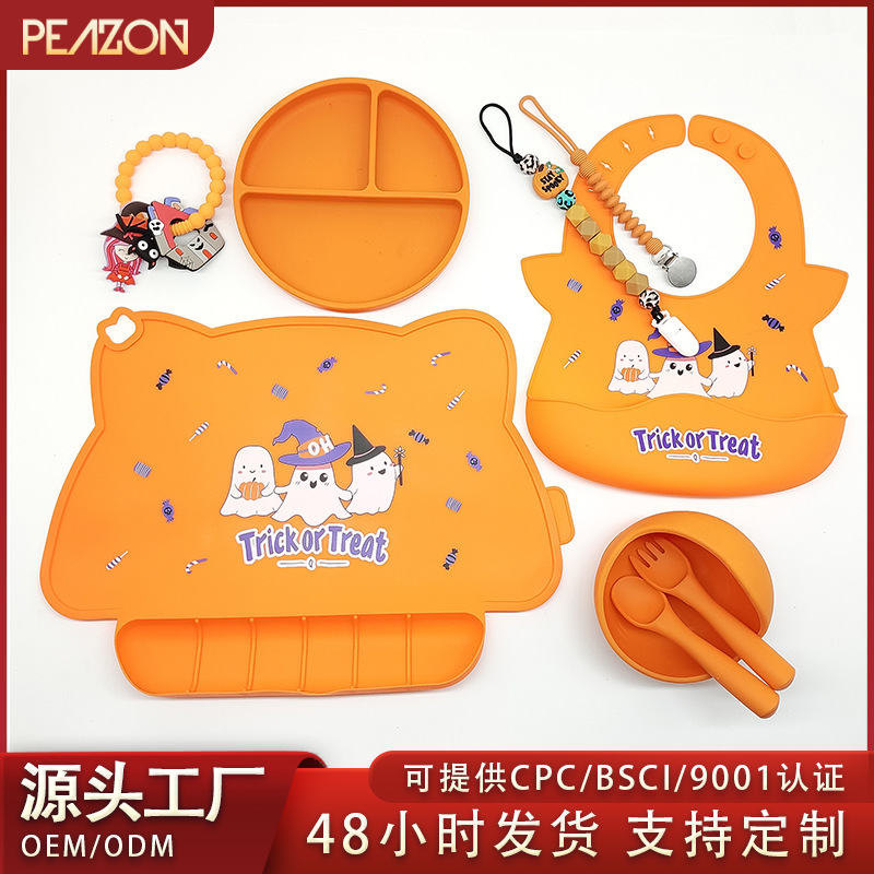 Baby Eating Bib Halloween Baby Feeding Silicone Tableware Set Saliva Pocket Plate Anti-Oil Stain Placemat
