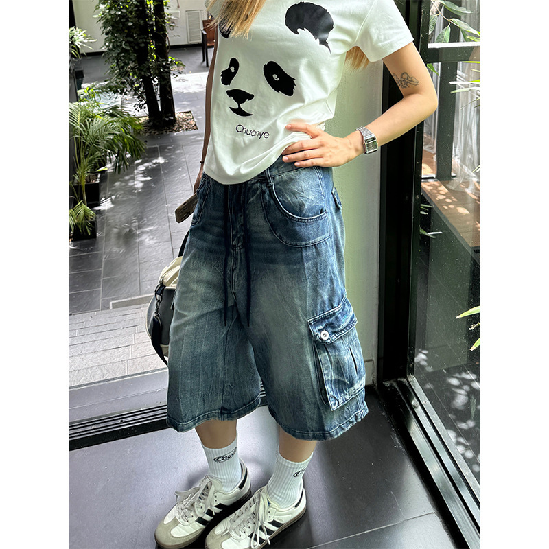 Men's Trendy Multi-Pocket Cargo Denim Shorts, Summer Loose High Street American Retro Washed Knee-Length Shorts