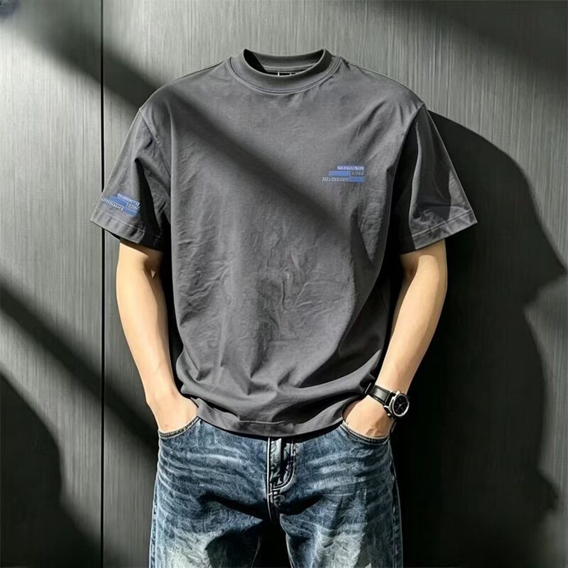 Short-Sleeved Men's T-Shirt Summer New Style Versatile Casual Ribbed Collar Trendy Printed Unisex Loose Top Short-Sleeved Men's T-Shirt Summer New Style Versatile Casual Ribbed Collar Trendy Printed Unisex Loose Top