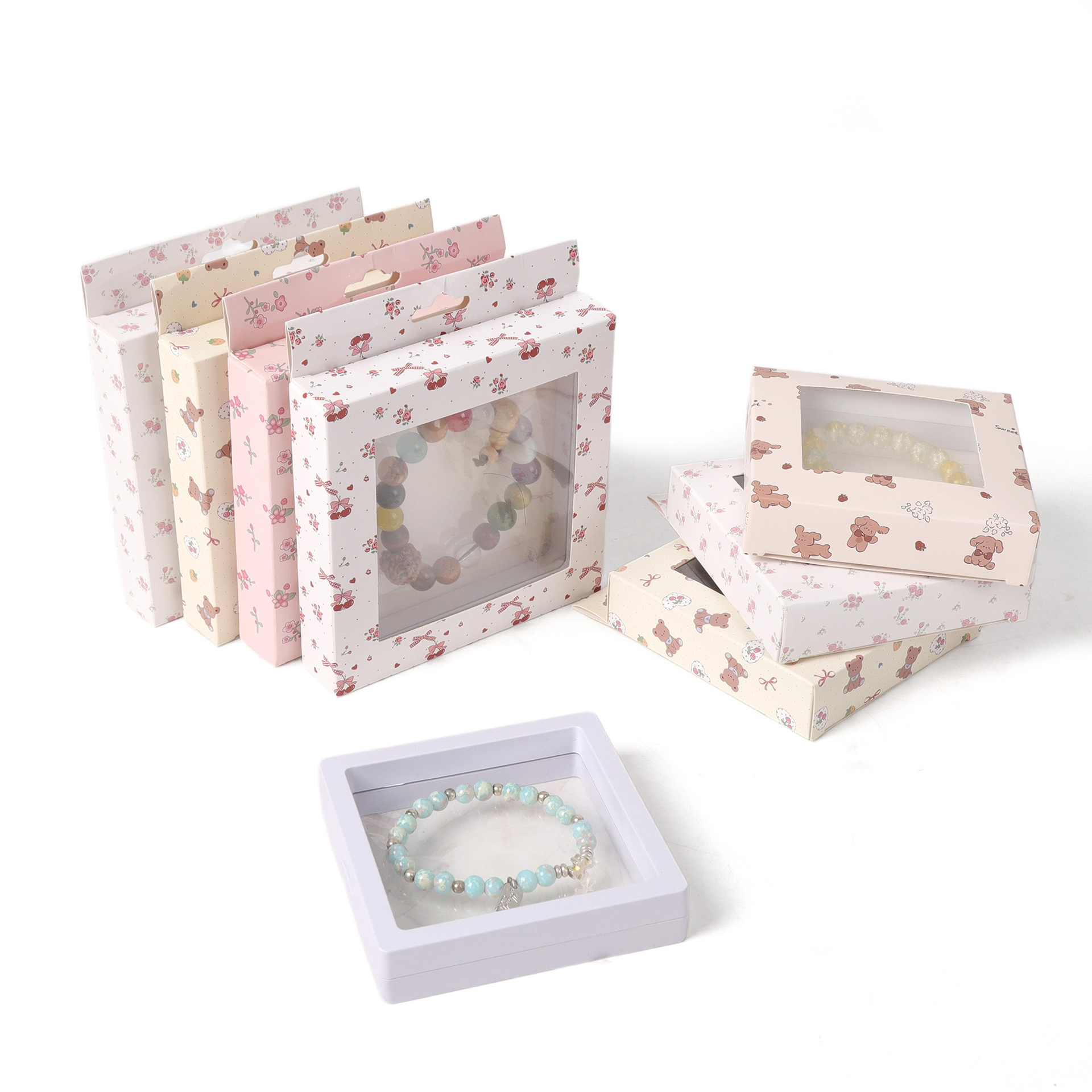 Caja de película de patrón personalizado PVC cubierta de papel de ventana impresa de flor de trampa lindo viento adaptado PE caja de joyería embalaje de cartón