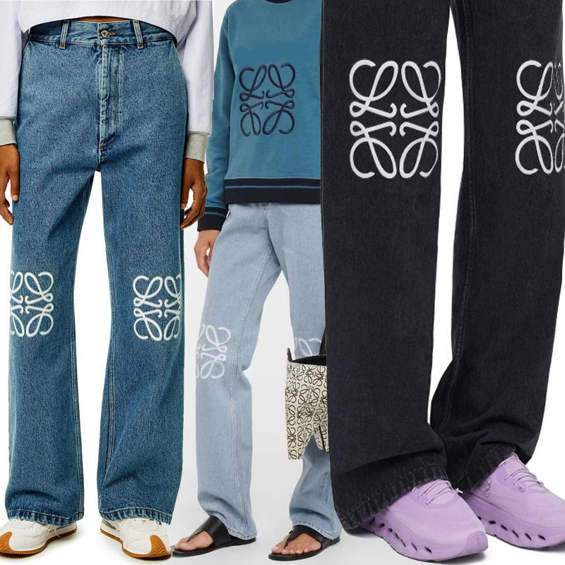 Autumn and Winter New Style Loe Same Style High Waist Cut Out Patch Embroidered Logo Decoration Casual Dark Blue Straight Denim Pants