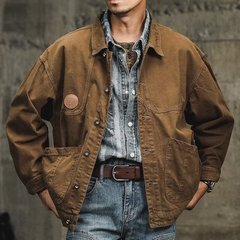 アメリカのレトロな工装コート男性の秋のファッションブランドのゆったりとしたカジュアルな茶色の古着デニムの服