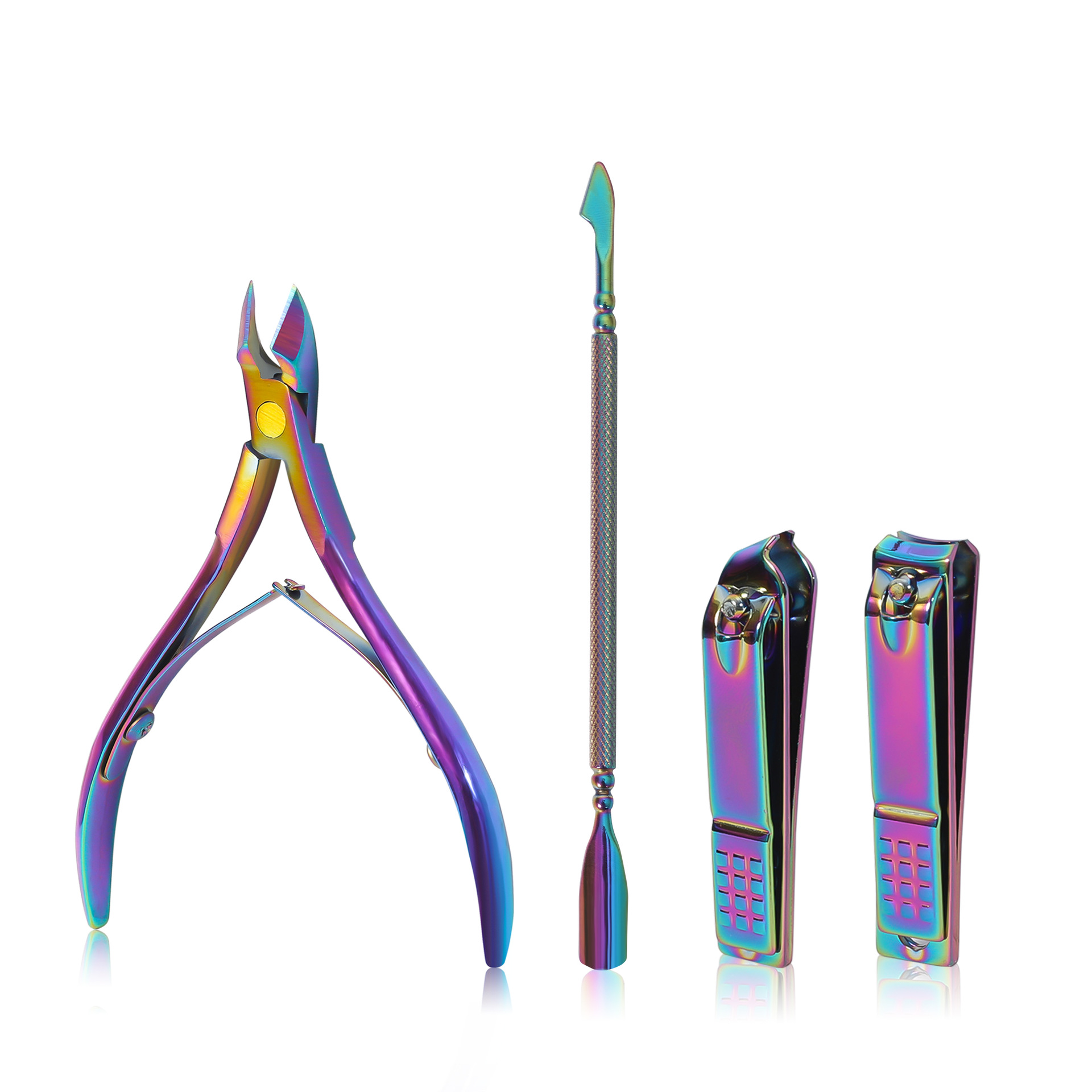 Traje de manicura transfronterizo exclusivo para uñas, tijeras para la piel muerta de acero inoxidable, empuje de acero, cortaúñas oblicuas planas, juego de 4 piezas