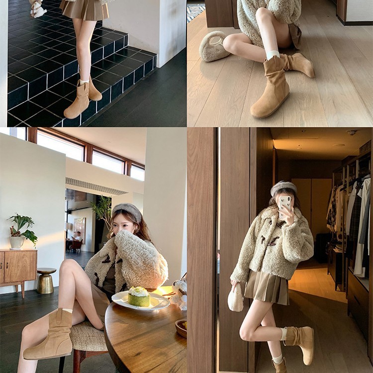 济州小岛~2025初秋季新款复古褶皱堆堆显瘦短靴女勃肯西部马丁靴|undefined