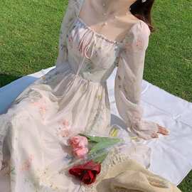 春夏新款绝美长袖连衣裙仙女超仙森系温柔风茶歇法式初恋裙子