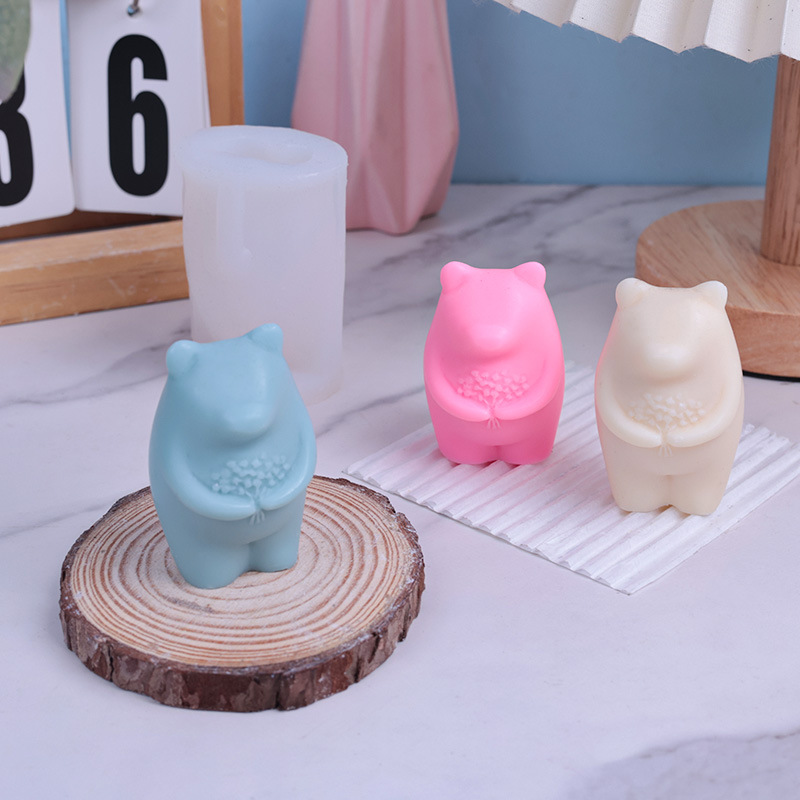 Силиконовая форма 3D Медведь с цветком для DIY-изделий: ароматерапия, гипс, выпечка, смола, мультяшные свечи ручной работы
