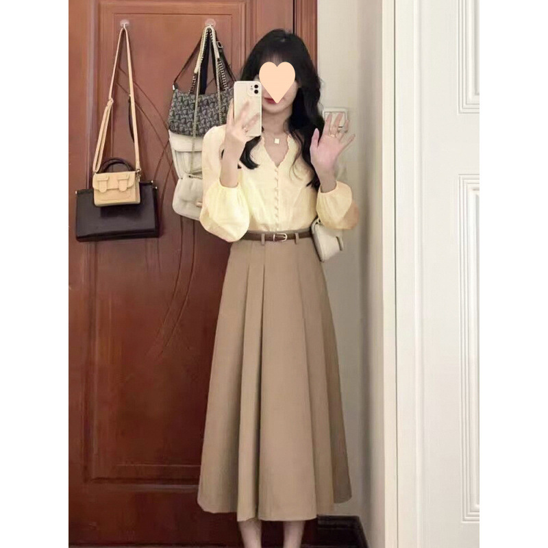 法式时尚温柔穿搭两件套装女春秋新款领长袖衬衫+中长高腰半身裙|undefined