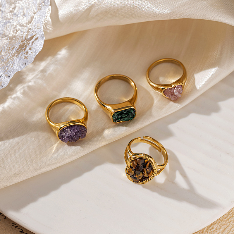 Anillo de acero de titanio de 18 quilates de oro triturado de piedra natural irregular en acero inoxidable de alta calidad joyas de moda transfronterizas