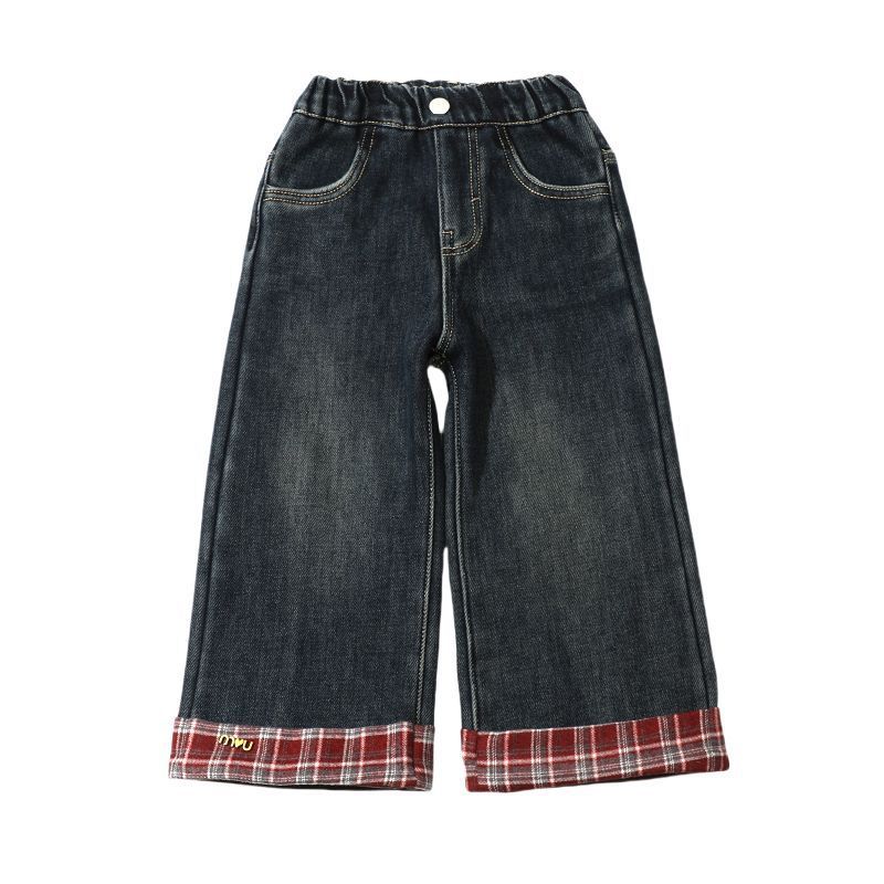 Nuevos pantalones de niñas de otoño y invierno pantalones de jeans de cuadros rojos para niños de invierno extranjero con pantalones de piernas anchas para bebés calientes