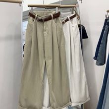 卡其色牛仔裤女2024早秋新款港风梨形身材高腰显瘦哈伦直筒阔腿裤