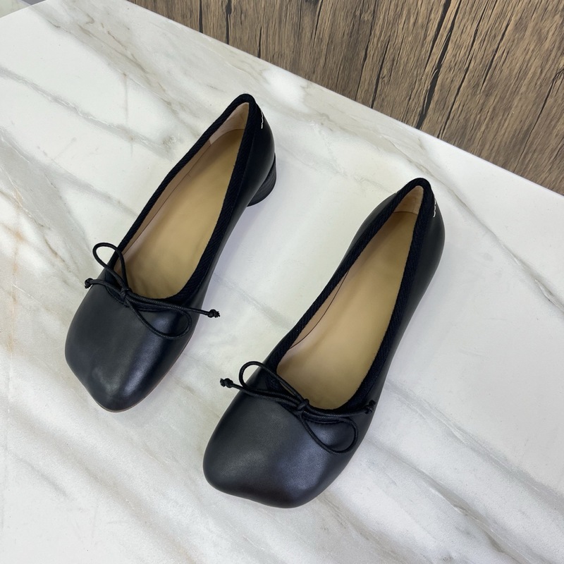 M*6 Black Leather Ballet Flats Genuine Leather Slip-On Chunky Heel Shallow Mouth Single Shoes 2026 Spring New Casual Style