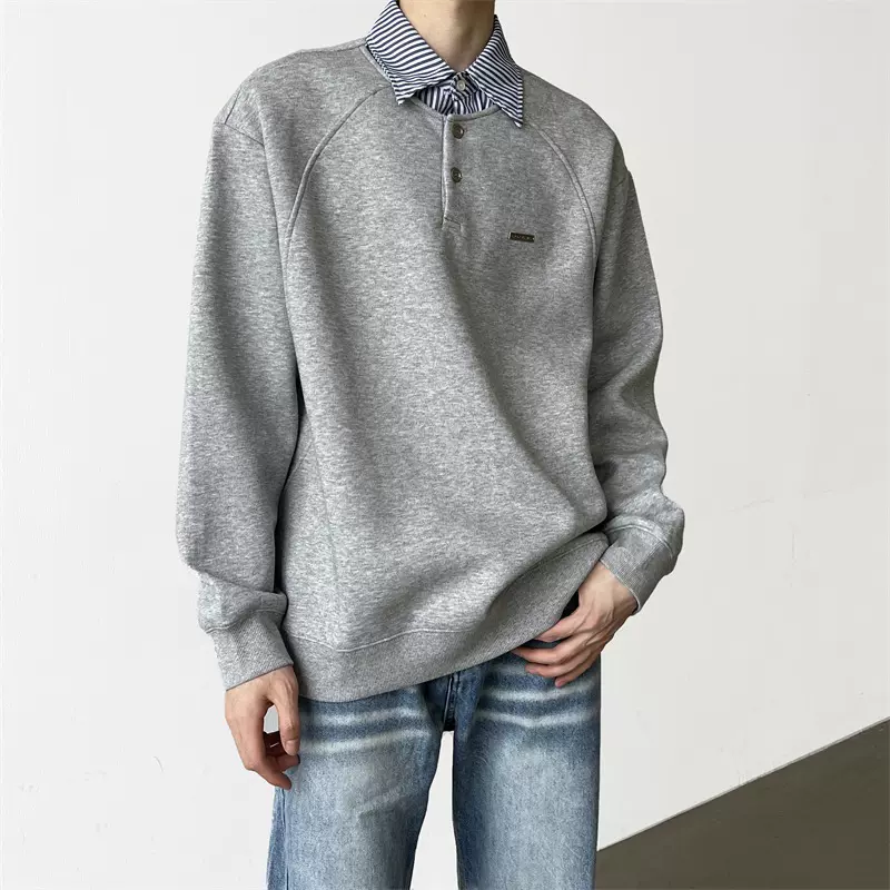 秋季韩系cleanfit重磅衬衣领卫衣男拼接假两件polo衫长袖小众上衣