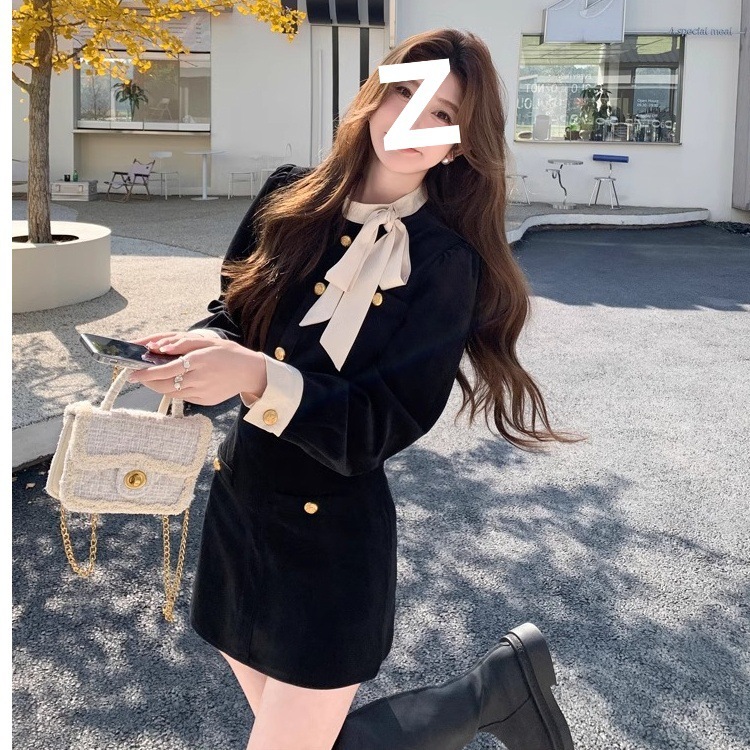 富家千金スーツの女性の小香蝶結びのベルベットのコート秋の冬の高腰の半身のスカートの短いスカートの2つのセット|undefined