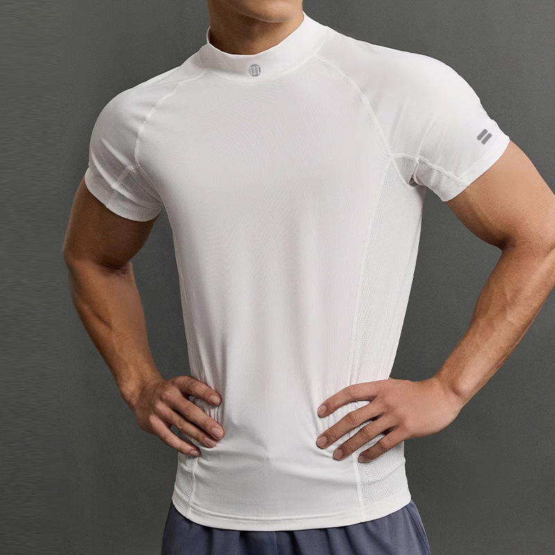High Collar Muscle Fitness Clothes Mesh Fabric Vertical Collar High Elastic Tight Clothes Short Sleeve Running Training Running T-shirt
