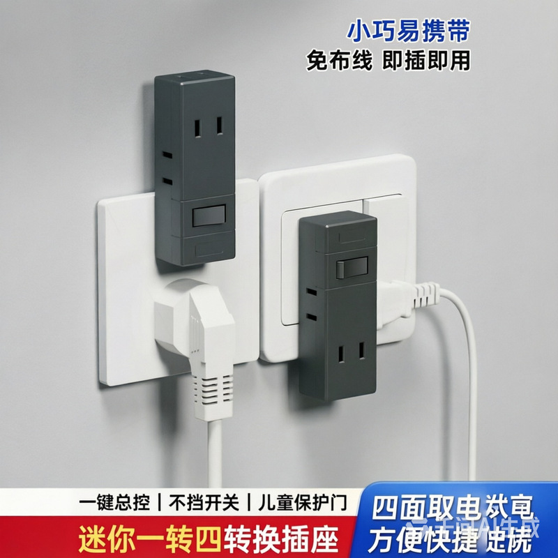 Multi-functional power adapter with switch, ultra-thin right-angle plug, flat two-hole to four-outlet converter Multi-functional power adapter with switch, ultra-thin right-angle plug, flat two-hole to four-outlet converter