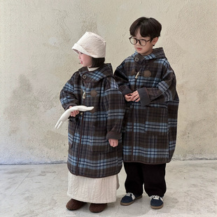 Cross-Border Children's Outwear 2025 Winter Kidsren's Korean Style Plaid Hooded Outwear for Boys and Girls All-In-One Velvet Casual Outwear