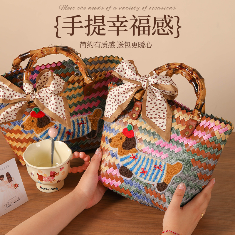 New Retro Striped Dachshund Tote Bag Women's Portable Woven Basket Embroidered Patch Woven Bag Wholesale