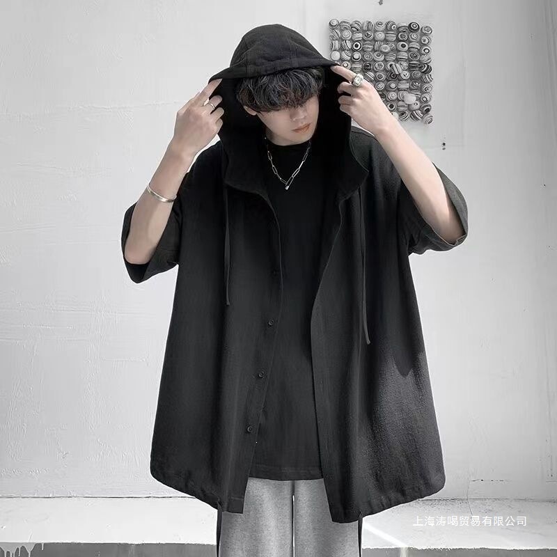 Plus-Size Sun-Protective Lazy Style Japanese Retro Shirt, Unisex Short-Sleeve Hooded Summer Thin Shirt, 150kg Cool Ins-Style Shirt