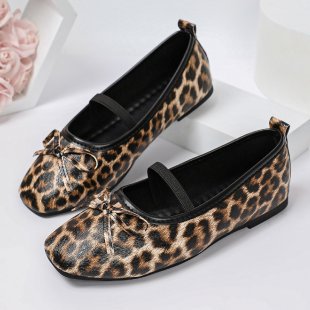 Cross-border e-commerce: 2026 autumn collection – new leopard print and floral pattern Mary Jane flats with a bow, women’s shallow-toe ballet flats