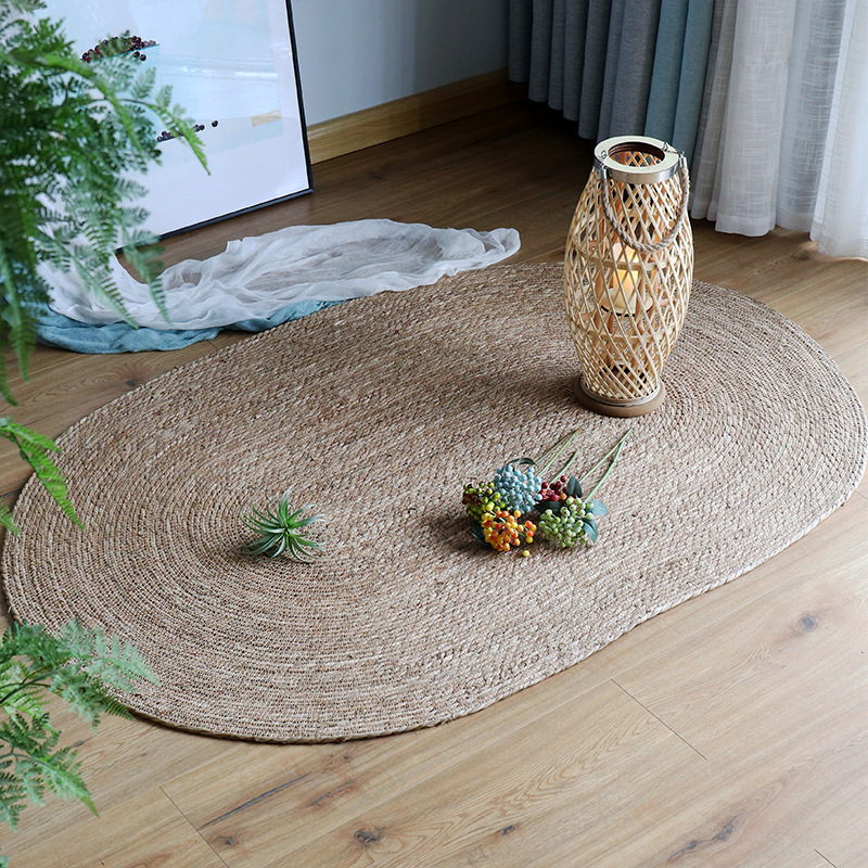 Rattan grass rope oval carpet floor mat bedroom B&B hotel model room decorative mat photography internet celebrity