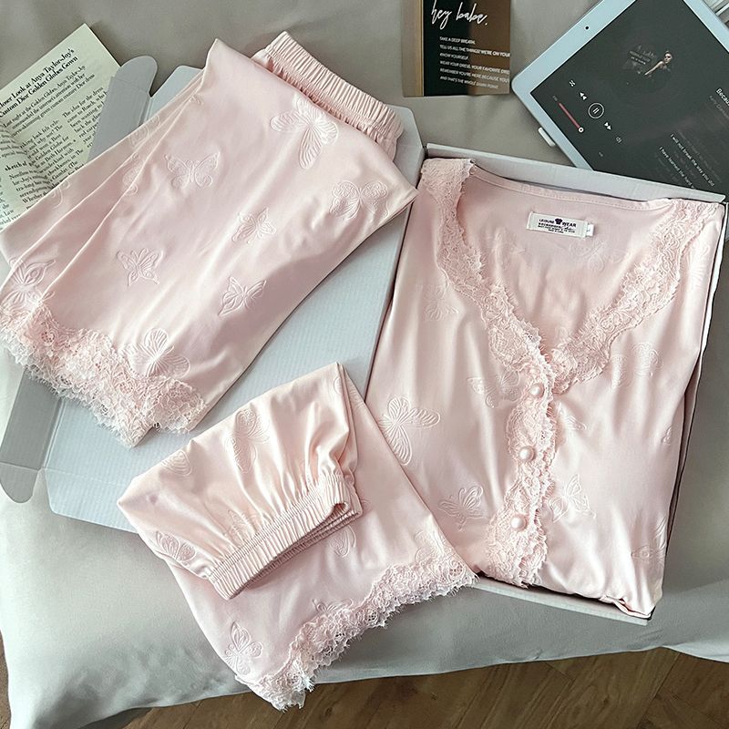 Summer New Pajamas for Women, Tencel Cotton Embossed with Breast Pads and Lace, Sweet Three-Piece Set That Can Be Worn Outside, Home Clothes Set