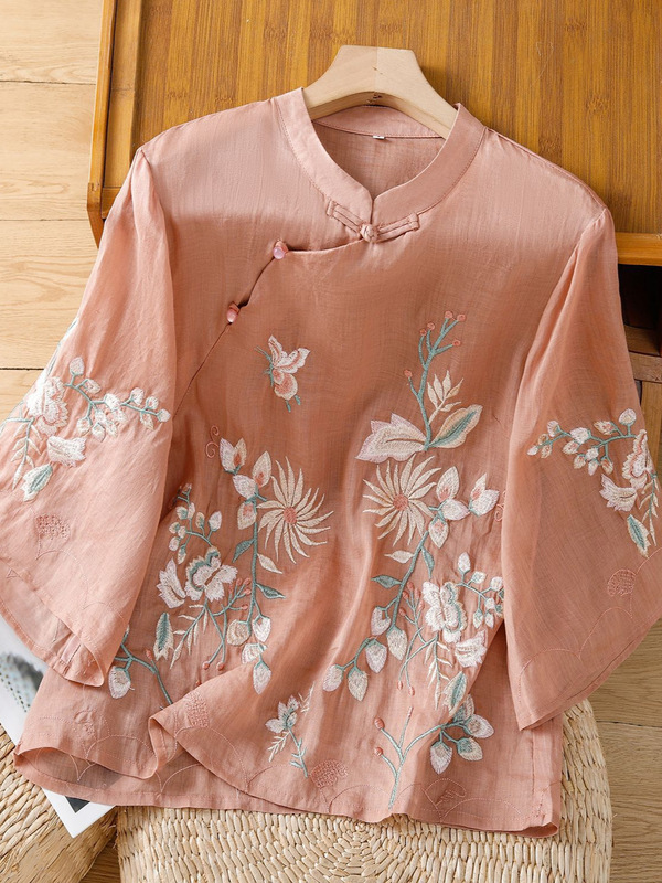 文学的な春夏の新しいスタイルのスタンドカラー半袖Tシャツ、女性用、エレガントな七分袖ボタン刺繍コットンとリネントップ|undefined