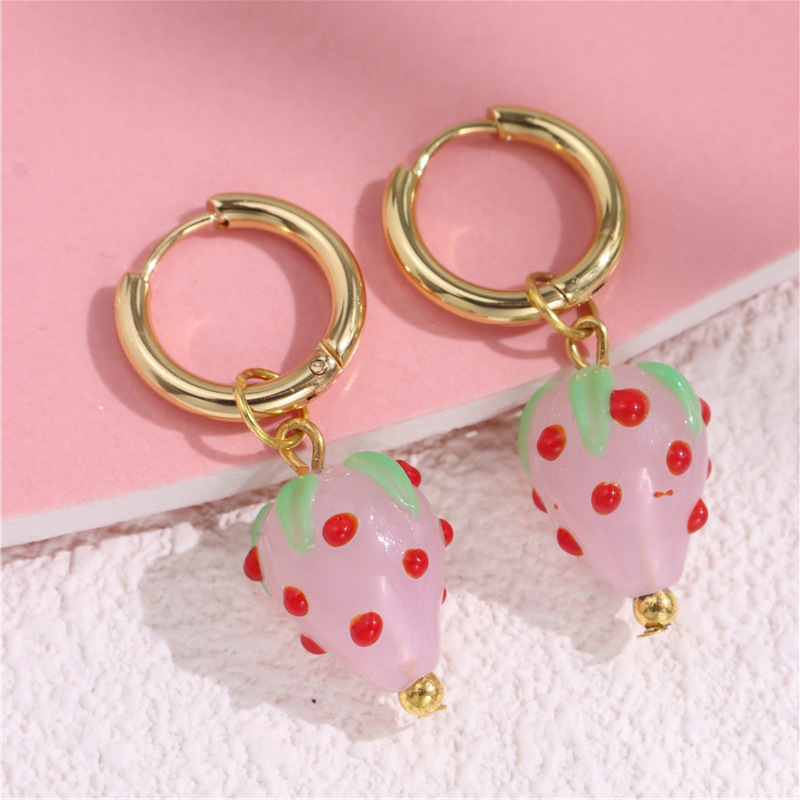 304 Stainless Steel, Resin Material Fruit, Strawberry Pattern 1 Pair Cute Sweet Fruit Strawberry 304 Stainless Steel Resin Drop Earrings