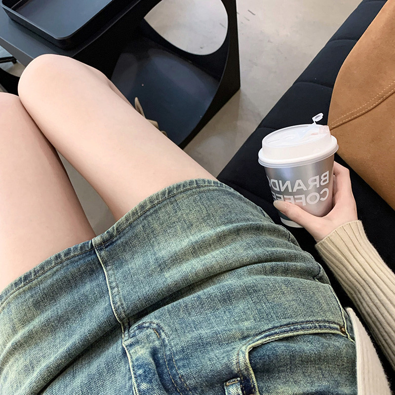 Hot Girls Anti-glare Retro Old Denim Skirt Women's Small A- line Skirt Pants Lined High Waist Hip Skirt