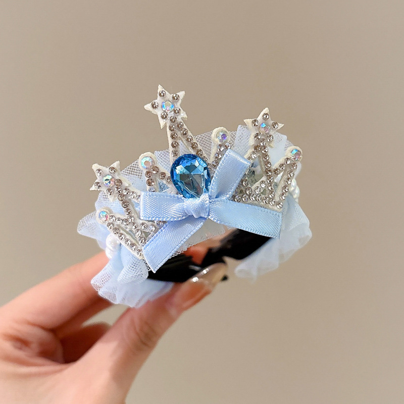 Niños princesa Aisha corona de gasa de nieve azul pinza de cola de caballo hebilla de pelo temperamento cabeza de bola de diamantes de imitación botón de pelo exquisito