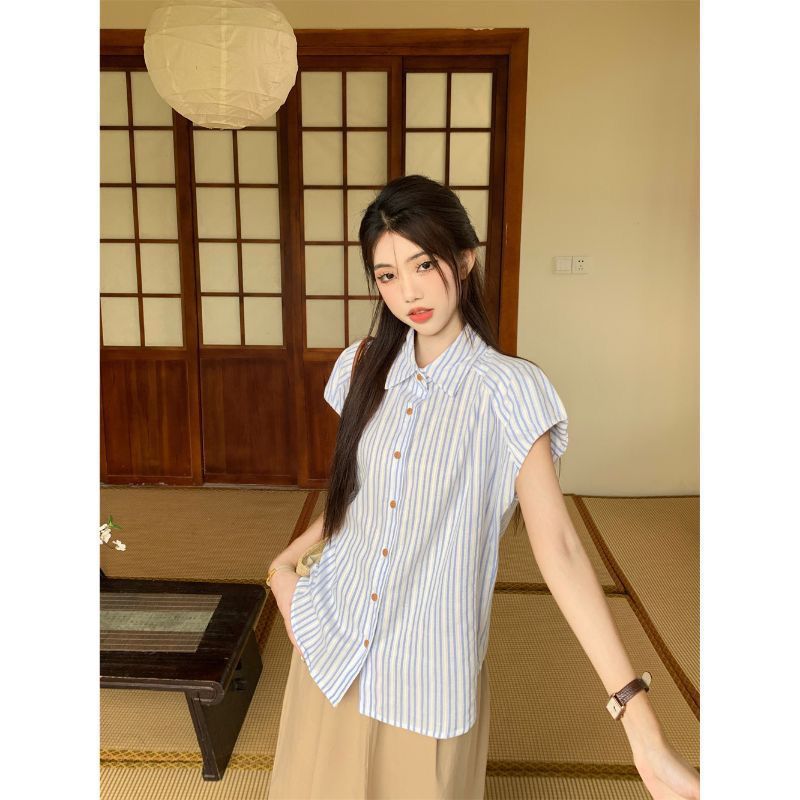 早秋时尚套装条纹衬衫上衣女夏季小个子高腰开叉裙子长裙半身裙两|undefined