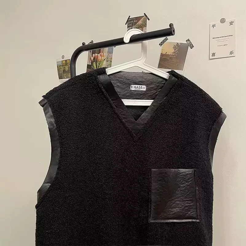 男士加绒针织背心中老年人纯色毛衣V领爸爸装保暖毛背心坎肩马甲