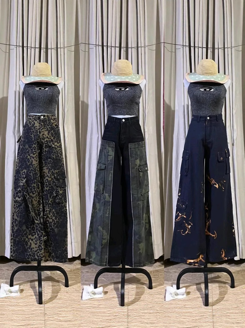 Pantalones de mezclilla para mujer, monos, pantalones de moda de piernas anchas con bolsillos múltiples, pantalones Cargo pants wholesale