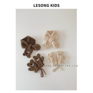 Children's scarf gloves autumn and winter boys' and girls' baby scarf suit Cross Children's lambswool thickened windproof