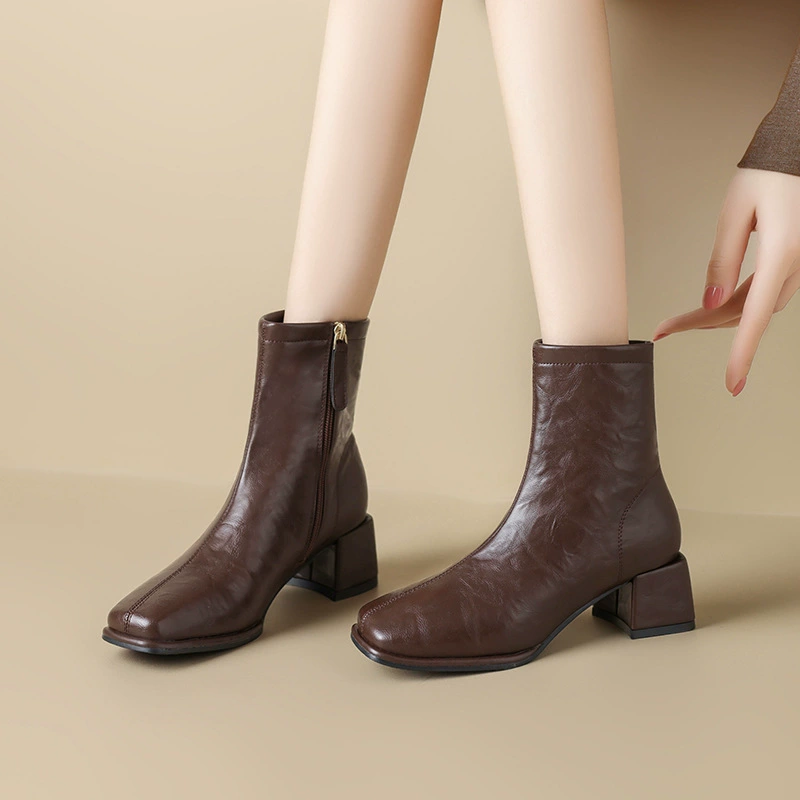 Aughi Shideng Fangdou Bingtou Женские 2024 новые осенние толстые каблуки британский стиль Martin сапоги моды тощие сапоги