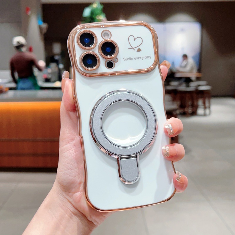 iPhone17Promax対応 波型ハート型スマホケース Apple15対応 メッキ磁気スタンド付き 落下防止保護ケース|undefined