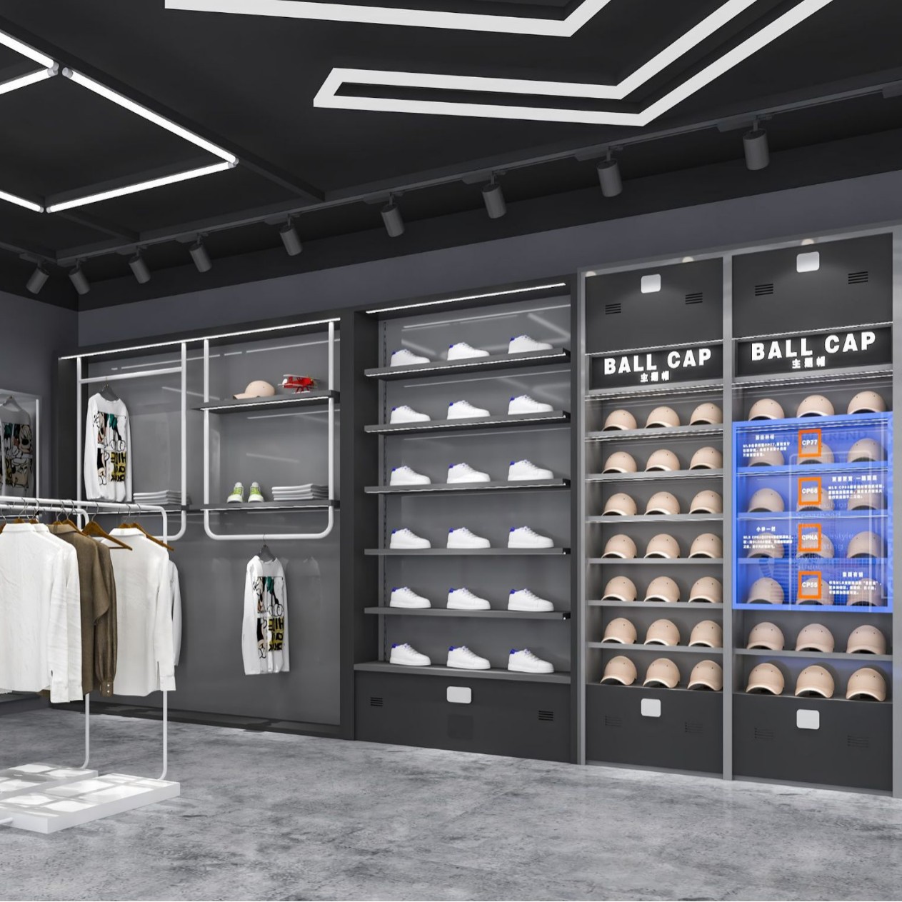 con lámpara en la pared de la tienda de ropa de hombre estantes de decoración de la tienda de ropa de alta gama estante de exhibición estante de exhibición tipo piso