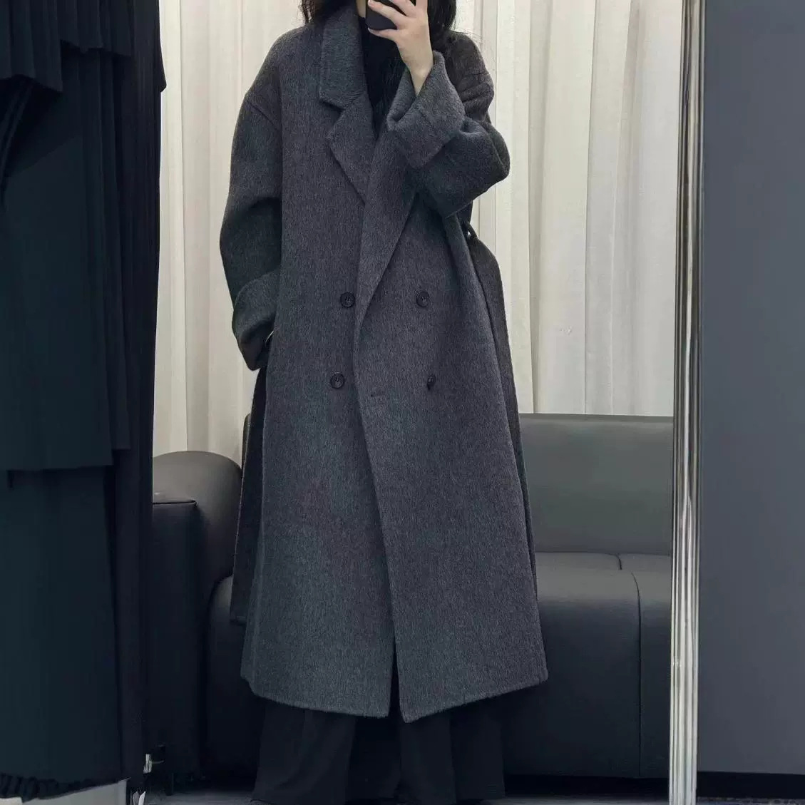 올리브 그린은 24 가을과 겨울 새로운 양면 캐시미어 코트 여성의 더블 브레스트 느슨한 플러스 사이즈 울 코트