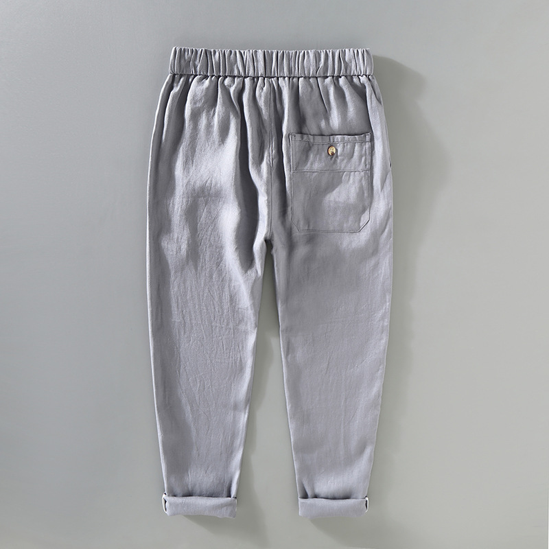 Solid color linen pants for men's summer pants, casual and versatile cropped leggings, Chinese style loose linen pants_voghion.com