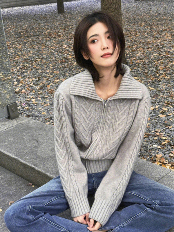 灰色麻花拉链毛衣外套女秋冬厚款慵懒风新款拉链纯羊翻领毛开衫|undefined