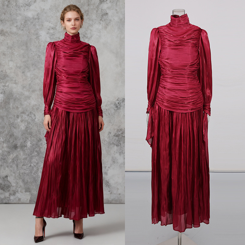 Niche Style White High-Neck Pleated Long Dress 2026 Summer New Solid Color Non-Sheer Long-Sleeve Dress for Women Niche Style White High-Neck Pleated Long Dress 2026 Summer New Solid Color Non-Sheer Long-Sleeve Dress for Women