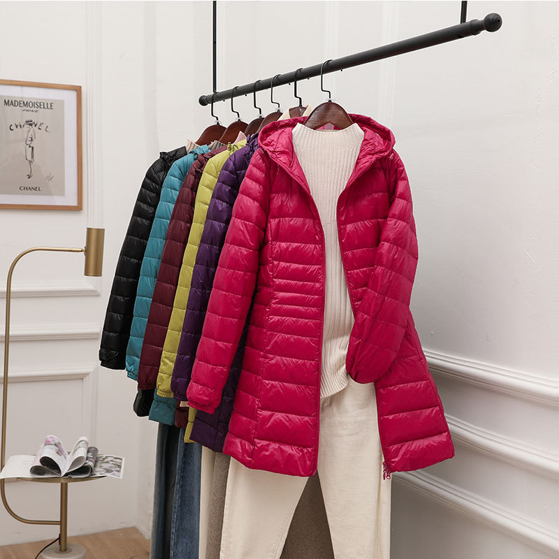 Light and thin down jacket women's long hooded 2023 autumn and winter new slim light thin plus size coat cross-border