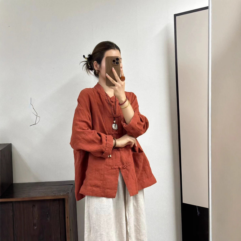 25秋季新款 复古中式亚麻盘扣开衫 文艺通勤宽松版小外套女|undefined